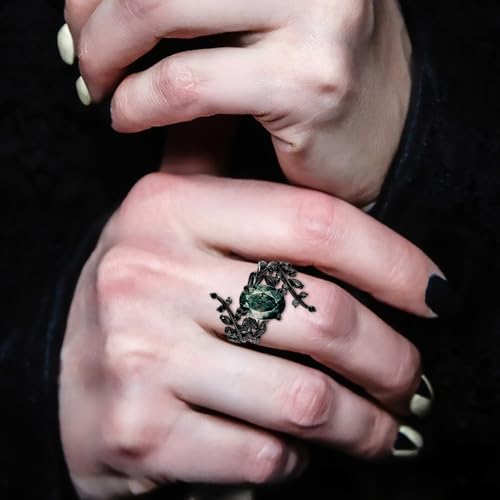Black Moss Agate Ring Set for Women 925 Sterling Silver Custom 10K 14K Gold Natural Moss Agate Engagement Ring Promise Bridal Wedding Rings Gothic Stacking Rings Size 4-153