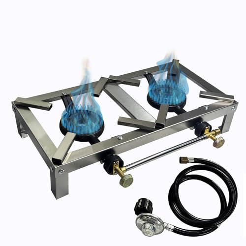 LetFeng Double Burner Camp Stove Portable Double Burner Outdoor Gas Stove Stainless Steel Double Propane Outdoor Burner with 4ft Hose for Home Brewing, Stir Frying, Camping, Tailgating, Silver