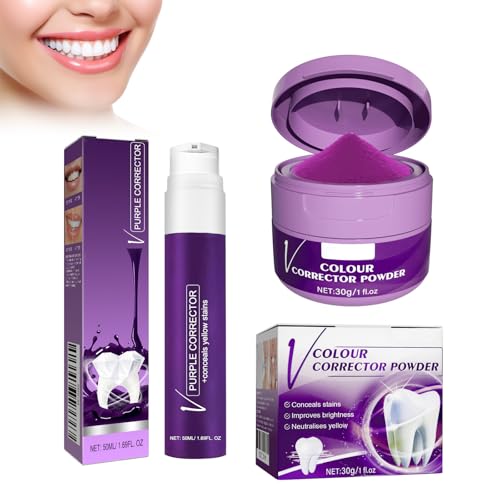 Hppsctink 2 peças pasta dentífrica, 50 ml v34 pasta de dentes roxa e 30 g v34 pó dentífrico, dentes brancos, limpeza de odores e tártaro, hálito fresco, pó dental branqueador, pasta de dentes