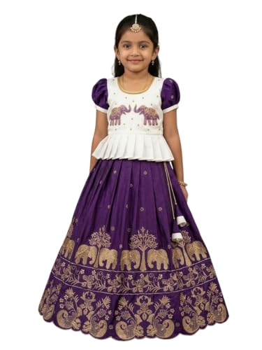 Image of White Button Girls' Ethnic Peplum Top and Jacquard Langa Voni type Lehenga Choli Set- Traditional Outfit