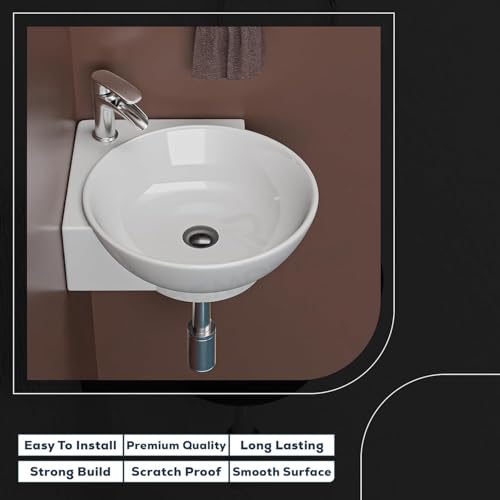 Image of REMOTION Wall Mounted Wash Basin for Bathroom | Ceramic Wash Basin | Wall Hung Small Corner Wash Basin /Sink (16.3 x 13.8 x 4.3 Inch) (Plain White)
