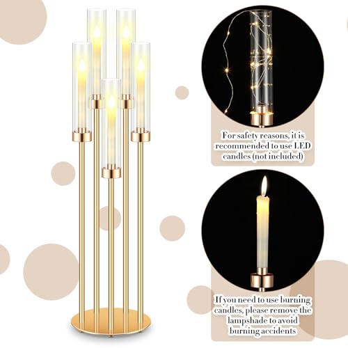 Tandefio 4 Set 5 Arm Gold Candelabra Centerpieces for Table, 35'' Tall Wedding Metal Candlestick Floor Holder Acrylic Clear Lampshades with 20 LED Candles for Wedding Party Event Table Fireplace Decor - Image 6