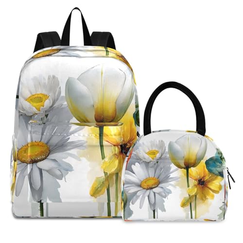 Backpack Lunch Bag Set Pattern Of Flowers Print, Big Storage Travel Backpacks with Insulated Lunch Box for Office Hiking Picnic