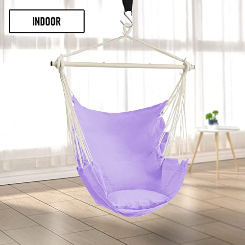 Dekool Hammock Chair Hanging Rope Swing, Detachable Steel Support Bar, Max 330 Lbs, Soft Durable Cotton Canvas, 1 Cushion & Hanging Hardware Included, For Indoor Outdoor, Purple #TOP5