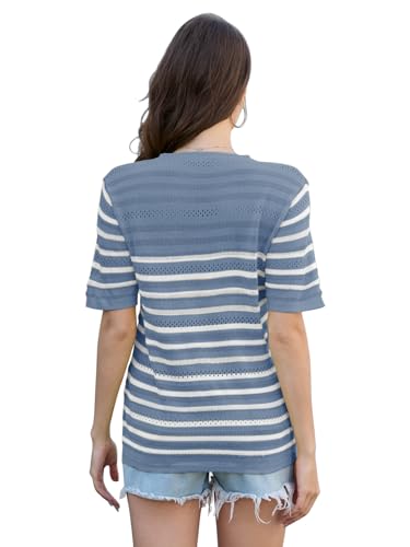 Image of ANCAPELION Women's Short Sleeve Sweater Top Striped Knit Crew Neck Pullover for Summer Trendy Shirts