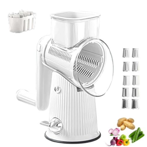 MYYMKJYXGS Rallador de Queso 5 en 1, rallador de Queso Giratorio 5 en 1, Cortador de Verduras, manivela rallador de Queso, con 5 Cuchillas de Grupo, rallador de Queso Giratorio(White)