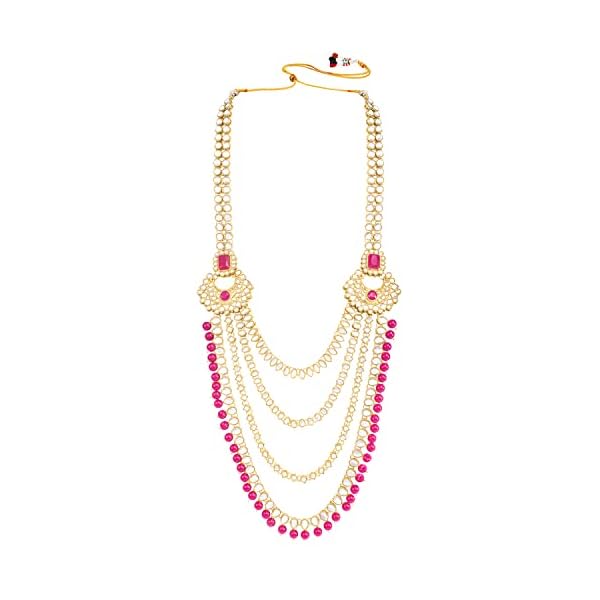 Peora Gold Plated Rani Pink Pearl Kundan Studded Choker Necklace Earrings Maang Tikka Passa Haathphool Nathiya Bridal Jewellery Set for Women & Girls - Image 4