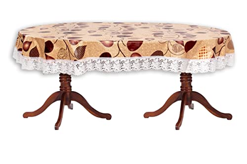 Stylista Waterproof 8 Seater Oval Dining Table Cover WxL 60x108 Inches with White Border lace Petals Pattern,Yellow(Polyvinyl Chloride, Pack of 1)