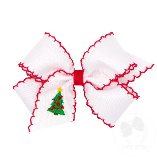 Wee Ones Girls' Grosgrain Hair Bow with Moonstitch Edge and Christmas-themed Embroidery, Medium, Tree