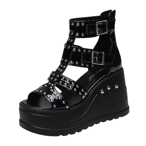FQLGJMY Chaussures de style Punk pour femmes végétaliennes Chunky Goth Chaussures avec des étoiles du crâne Croix chaîne de cœur Rivet Open Toe Slip sur...