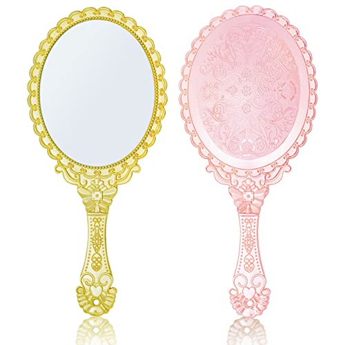 2pcs Handheld Mirror, Lystaii Vintage Hand Travel Purse Mirrors with Handle Portable Embossed Flower Hand Held Decorative Mirrors Compact Packet Mini Mirror for Girls Face Makeup Cosmetic Salon