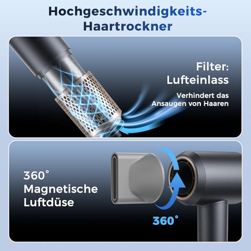 Aidisy Ionen Föhn, Professioneller Haartrockner mit 110.000 U/min, Leise, Leicht mit 200 Million Negative Ionen, 3 Heizstufen, 2 Geschwindigkeitsstufen für Zuhause Reisen
