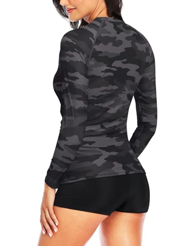 Image of Daci Women Two Piece Rash Guard Long Sleeve Swimsuits UV UPF 50+ Swim Shirt Bathing Suit with Boyshort Bottom