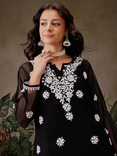 Image of Ada Women's & Girl's Georgette Hand Embroidered Lucknow Chikankari Regular Fit Short Kurti Top with Slip A911300