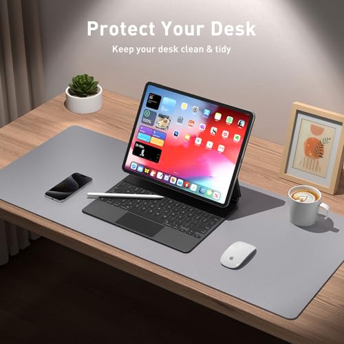 Image of Leather Desk Pad Protector, Mouse Pad, Office Mat, Non-Slip PU Leather Blotter, Laptop Pad, Waterproof Writing Pad for Office and Home (31.5 inch x 15.7 inch, Light Grey)