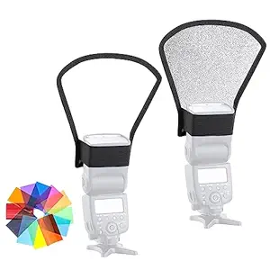 Camera Flash Diffuser Reflector [2-Pack] Silver/White 2-Sides Flash Reflector with Elastic Strap for Canon, Nikon, Sony, Godox Camera Flash. etc