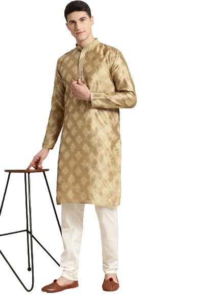 Sojanya (Since 1958 Men's Jacquard Silk Gold Self Design Kurta & Off White Churidar Pyjama Set