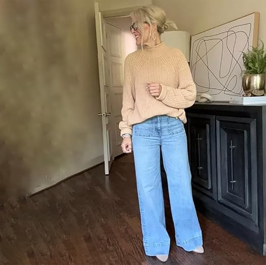 Oprah's Favorite Jeans Tummy Control Sailor Wide Leg Trouser Women's High Waisted Wide Leg Cropped Denim Pants4