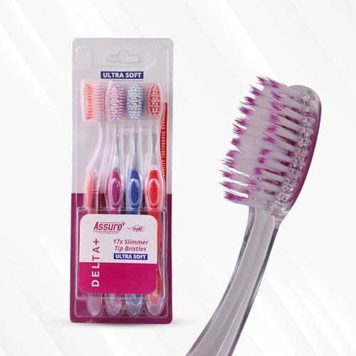 Image of Assure Delta+ Toothbrush Set for Adults | Ultra Soft Toothbrush with 17X Slimmer Tapered Softest PBT Bristles for Deep Cleaning | Tooth Brush Set, Soft Tooth Brush for Adults, Brush Toothbrush Soft | Crystal Transparent Handle, Tongue Cleaner, Multicolor Pack of 4