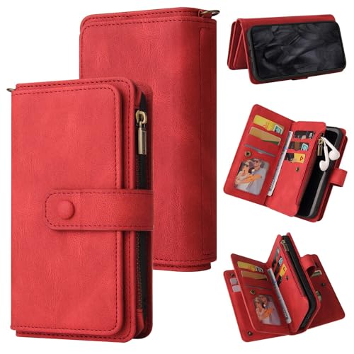 Étui Pixel 9 Pro rouge portefeuille en cuir avec rabat magnétique et zip