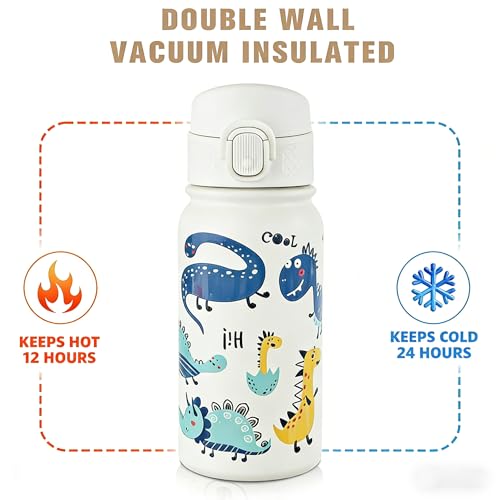 Image of GOPPUS Kids 12oz Insulated Stainless Steel Water Bottle, Leakproof Vacuum Tumbler with Carry Handle, Fits Cup Holders, Reusable Water Bottle for School Outdoor, Boys & Girls（White Dinosaur）