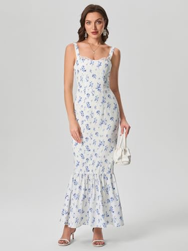 Image of HTZMO Women Casual Summer Floral Maxi Dress Square Neck Boho Wedding Guest Elegant Long Sundress