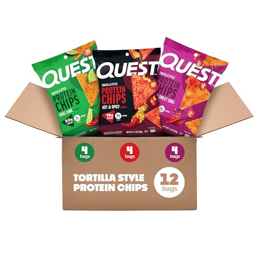 Quest Nutrition Tortilla Style Protein Chips, Spicy Variety Pack, Chili Lime, Hot & Spicy, & Spicy Sweet Chili, 12 Count (3 Each Flavor)