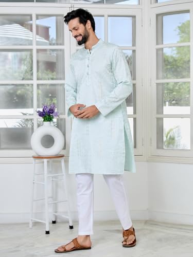 Image of See Designs Men's Full Sleeve Mandarin Collar Floral Embroidered Mandarin Collar Thread Work Straight Long Kurta - Festive Collection