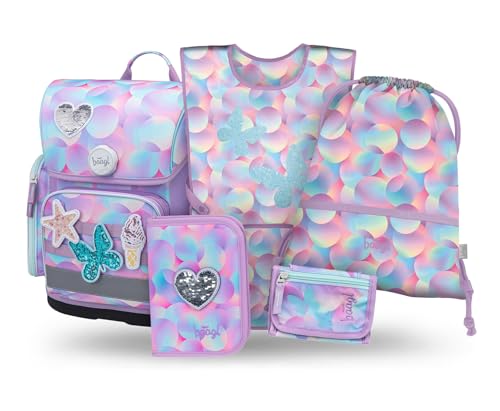 Baagl Schulranzen Mädchen Set 5 Teilig (Ergo Schultasche für 1. Klasse, Mäppchen, Turnbeutel, Schürze, Brustbeutel), Grundschule Ranzen, Ergonomischer Schulrucksack, 19 l (Candy)