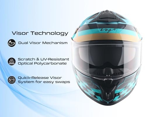 Image of Vega Zap DV Alliance Full Face Riding Helmet with Dual Visor, Shock Absorbing Liner, Comfortable Interior, Lightweight Shell, Aerodynamic Design, Ventilated Fit, and Modern Hex Blue Black Styling Hex Blue Black-L