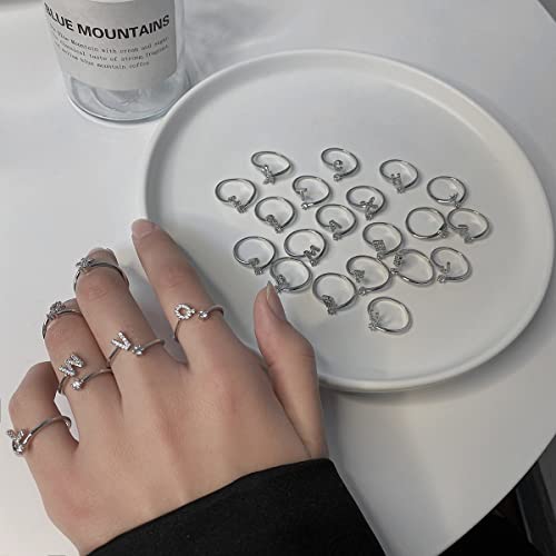 Q&D&S Personalized Initial Letter Ring For Girls Silver Stackable Alphabet Rings For Women Adjustable Crystal Inlaid Statement Rings Cuff Gift (X) #TOP2