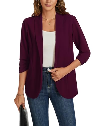 MINTLIMIT Women's Ruched 3/4 Sleeve Open Front Shawl Collar Blazer Lightweight Work Office Jackets Blazers, Burgundy