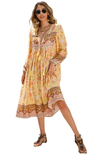 R.Vivimos Damen Beiläufig Bohemien Drucken Krawatte Langarm Strand Stil Lang Midi Urlaub Kleid(XLarge Zitrone)