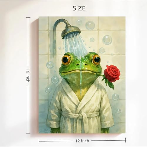 Image of Frimeeme Cute Shower Frog Framed Canvas Wall Art 12x16