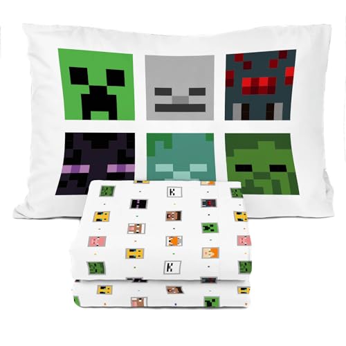 Image of Sunny Side Up Minecraft Creeper & Animals Twin Sheet Set - 3 Piece Kids Bedding Set Includes Pillow Cover - Super Soft Microfiber Sheets