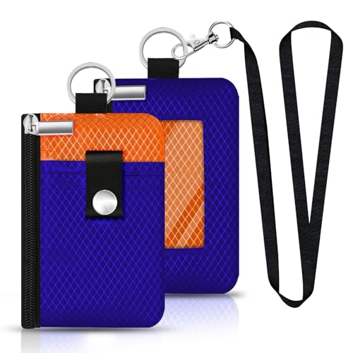 Image of Minimalist RFID Blocking Small Wallet with ID Window,WaterResistant Zip Id Case Wallet with Lanyard Keychain for Cards,Cash,Travel,Women,Men (Sapphire Blue /Orange)