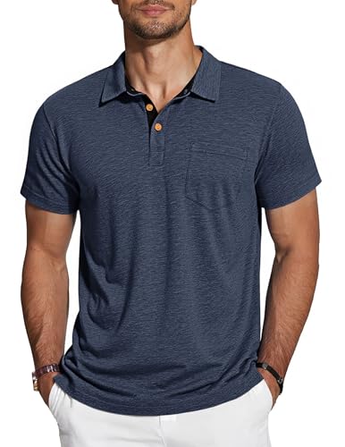 TARAINYA Polo Homme Coton Manches Courtes avec Poche Confortable Doux Tee-Shirt Été Bleu Marine L