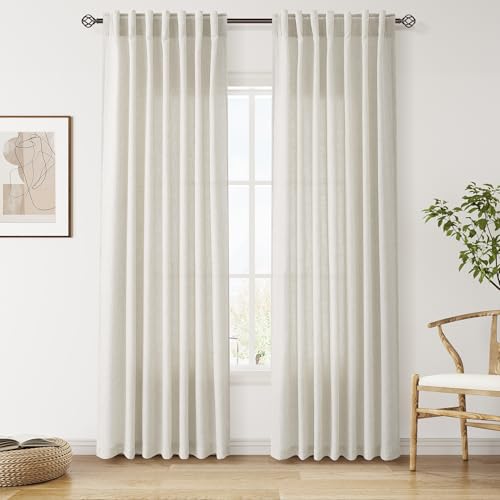Image of Linen Curtains 84 Inch Long for Living Room Back Tab Mousse White