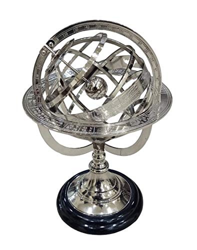 Image of THOR INSTRUMENTS Nautical Collectible Brass Armillary Sphere Astrolabe On Wooden Base Rustic Vintage Home Decor Gifts