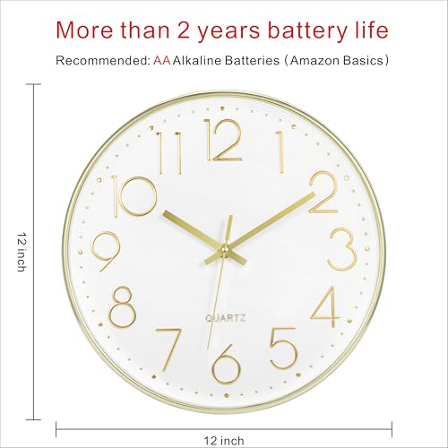 Foxtop Gold Wall Clock 12 Inch Silent Non-Ticking Battery Operated Round Modern Wall Clock for Living Room Bedroom Kitchen Home Office Decor - Image 4