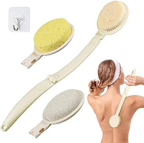 3 in 1 Bath Body Brush Set,Foldable Shower Brush with Extra Long Handle, Heads Pumice Stone,Loofah Sponge and Back Body Scrubber Bristles for Exfoliating or Dry Skin Brushing (White)