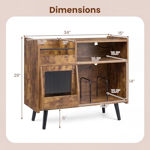 Image of Giantex Large Record Player Stand with LED Light, Mid Century Modern Turntable Stand w /Sliding Door, Charging Station & Plastic Leg, Record Player Table, Vinyl Record Storage for Living Room (Rustic Brown)