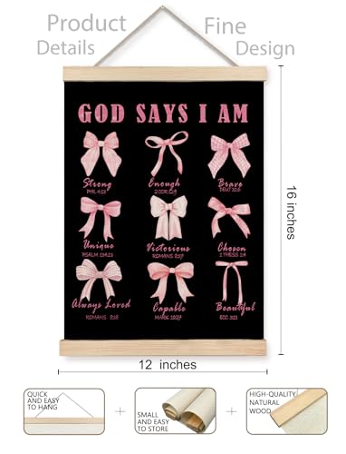 XUNLURY Coquette Pink Bow Christian Poster Hanger Frame, God Says I am Canvas Wall Art, Inspirational Bible Verses Religious Wall Decor for Girls Bedroom Church Prayer Room, 12x16 Inch — view 2