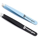 Tweezer Guru Tweezers for Women - 2pc Slant Pointed Precision Tweezers for Eyebrows & Ingrown Hair Removal - Blackhead and Splinter Tweezer with Sharp Needle Nose Point for Plucking (Black + Sky Blue)