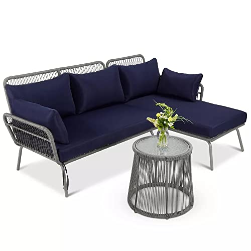 Image of DEVOKO 3 Piece Outdoor Comfortable L-Shaped Sectional Rope Conversation Lounge Sofa Set with Glass Top Table for Balcony, Patio, Garden, Pool (Grey & Navy-Blue)