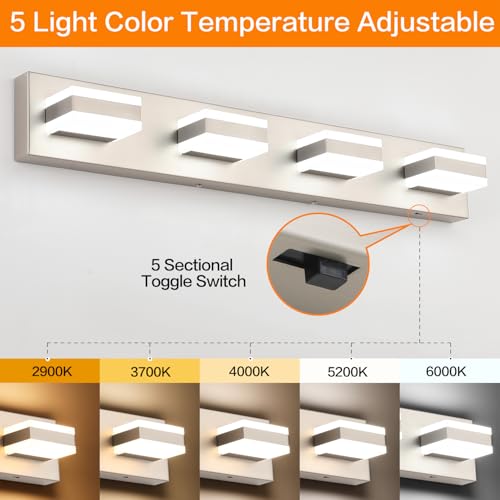 Image of SOLFART Bathroom Light Fixtures Brushed Nickel Vanity Lights for Bathroom Above Mirror, 4 Light Led Lighting Fixture, Nickel Vanity Light,5 Color Temperature Adjustable Light Over Mirror ETL Listed
