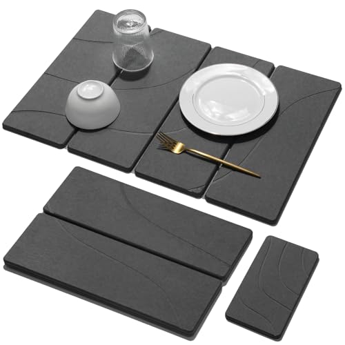 Large Stone Dish Drying Mat for Kitchen Counter, 2 PCS Quick Dry Stone Mats, Foldable Water Absorbing Diatomaceous Earth Drying Dishes Pad for Countertop Bottle Utensil Cup(Carved Gray 24"x16"&8"x4")