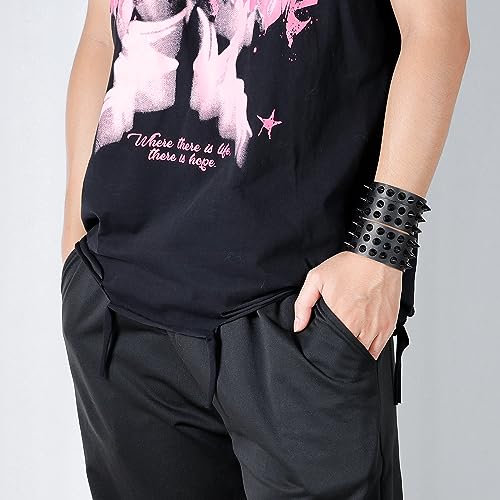 Manfnee Punk Gothic Bracelet for Men Women Leather Spike Rivet Metal Studded Wristbang Cuff Black2