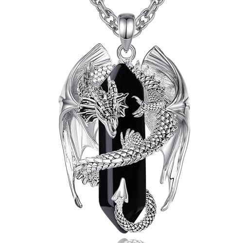 INFUSEU Unique Dragon Necklaces with Healing Crystal Stone for Men Women, Personalized Spiritual Gifts, 24 Inch Chain