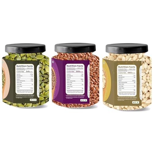 Image of LILA DRY FRUITS Roasted Pumpkin Watermelon Flax Seeds Combo Pack 750 Grams (250g x 3) | Roasted Fitness Trio | Crunchy Seeds Mix | Energy & Recovery Snack for Active Lifestyle Perfect for Gifting